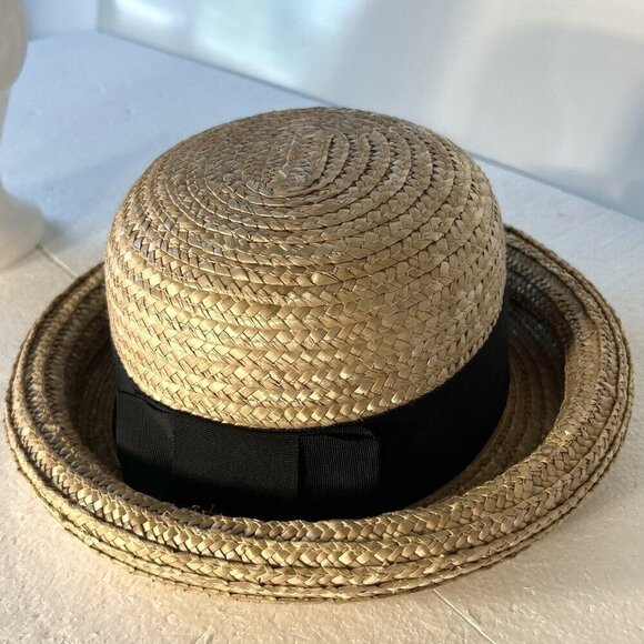 Bowler Style Straw Hat Black Ribbon 22.5" classic French vintage cottage core - Picture 4 of 8